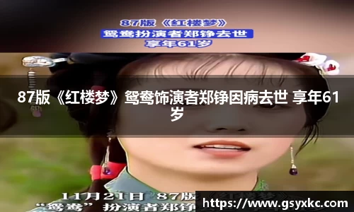 87版《红楼梦》鸳鸯饰演者郑铮因病去世 享年61岁